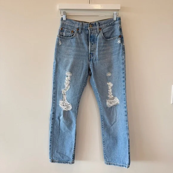 Levi’s Premium 501 Distressed Light Blue Denim Straight Leg Jeans Womens W26 L26 - Picture 2 of 10